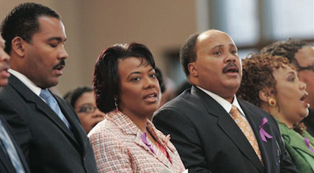 In this Feb. 6, 2006 file photo, the children of Martin Luther King Jr., and Coretta Scott King, left to right, Dexter Scott King, Rev. Bernice King, Martin Luther King III and Yolanda King participate in a musical tribute to their mother at the new Ebenezer Baptist Church in Atlanta. (AP Photo/John Bazemore, File)