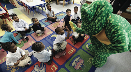 Ready Freddy visits prekindergarten students at a public school in Buffalo, N.Y. (David Duprey/AP Photo)