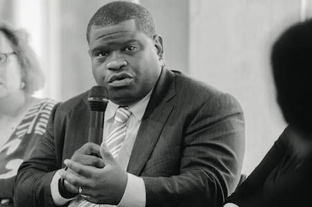 Gary Younge, a correspondent with The Nation and The Guardian, addresses a crowd.