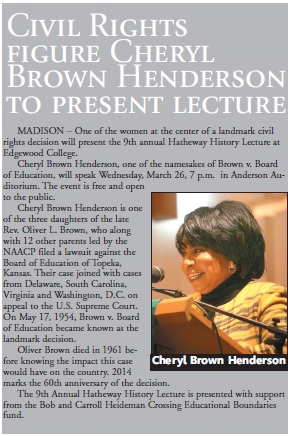 Civil Rights figure Cheryl Brown Henderson to present lecture