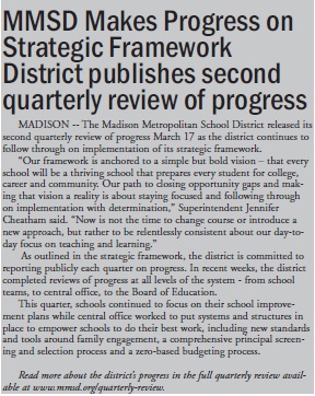 MMSD Makes Progress on Strategic Framework District publishes second quarterly review of progress